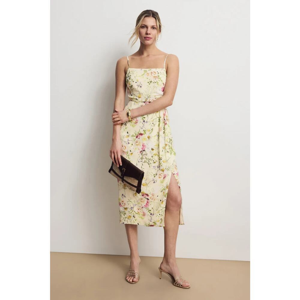Adam Lippes Floral Dress Sleeveless Square Neck Pleated Side Slit Midi Yellow 6